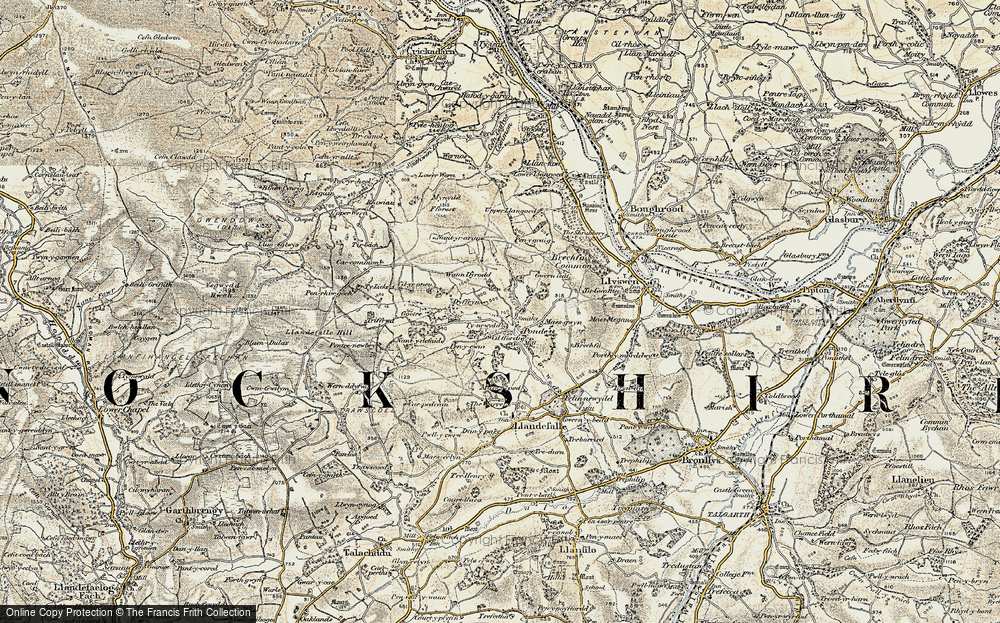 Old Map of Historic Map covering Brechfa Common in 1900-1902