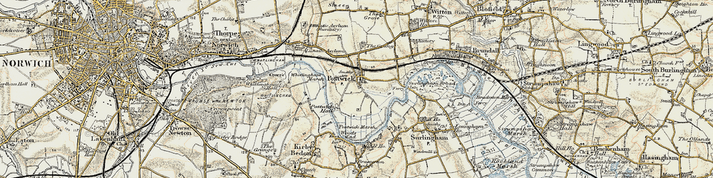 Old map of Whitlingham Marsh in 1901-1902
