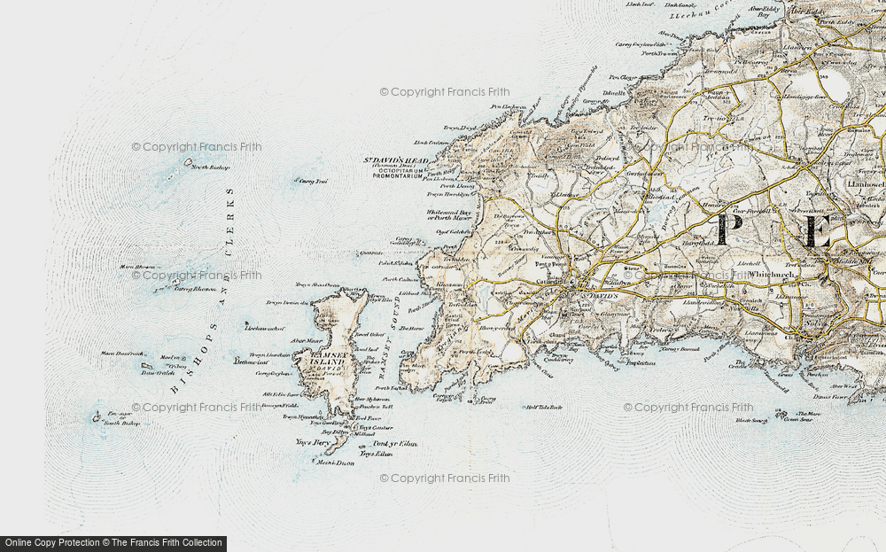 Old Map of Historic Map covering Whitesands Bay Porth-mawr in 0-1912