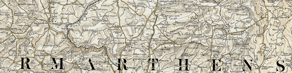 Old map of Rhydargaeau in 1901
