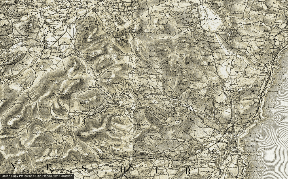 Old Map of Historic Map covering Bogheadly in 1908-1909