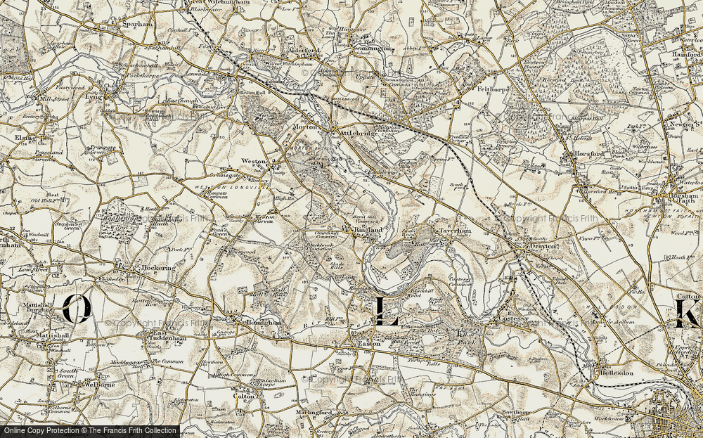 Old Map of Historic Map covering Attlebridge Hall in 1901-1902