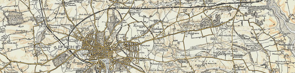 Old map of Rushmere St Andrew in 1898-1901