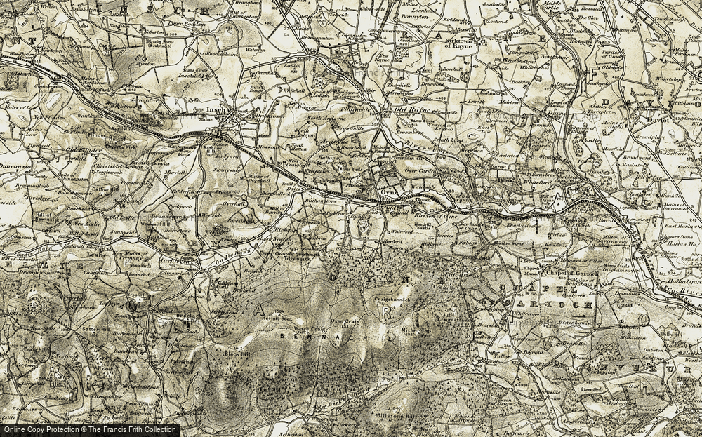 Old Map of Historic Map covering Bennachie in 1908-1910