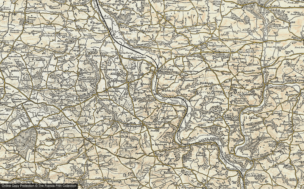 Old Map of Historic Map covering Brightley Barton in 1899-1900