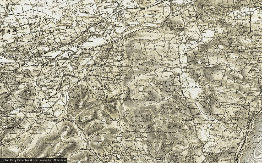 Old Map of Historic Map covering Bawdy Craig in 1908-1909