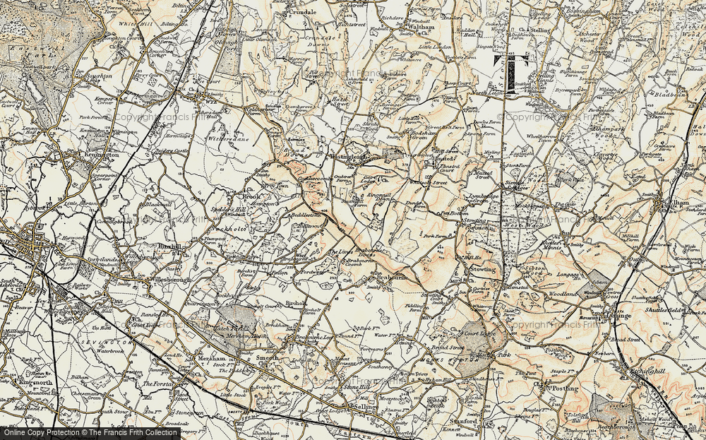 Old Map of Historic Map covering Brabourne Coomb in 1898