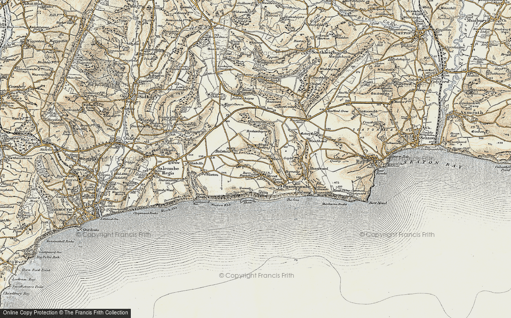 Old Map of Historic Map covering Branscombe Cross in 1899