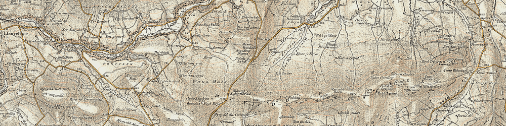 Old map of Afon Pennant in 1901-1912