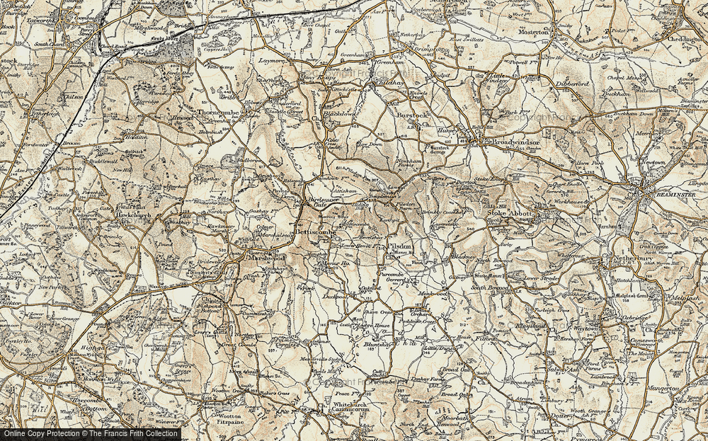 Old Map of Historic Map covering Bettiscombe Manor Ho in 1898-1899