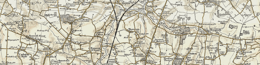 Old map of Tharston in 1901-1902