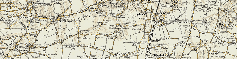 Old map of Tibenham in 1901-1902
