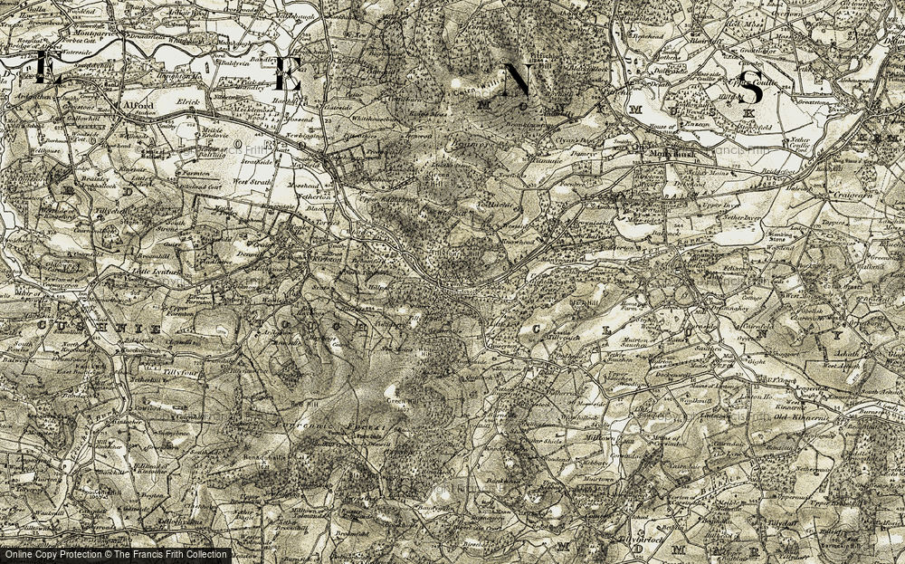 Old Map of Historic Map covering Tillyfourie Hill in 1908-1909