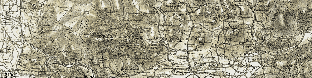 Old map of Tullynessle in 1908-1910