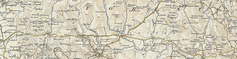 Old map of Beardown Tors in 1899-1900