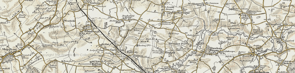Old map of Upper Brandon Parva in 1901-1902