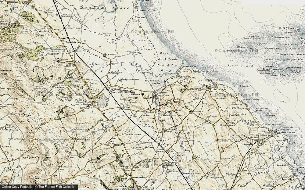 Old Map of Historic Map covering Budle Bay in 1901-1903
