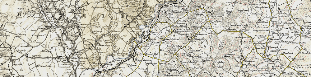 Old map of Liddel Water in 1901-1904