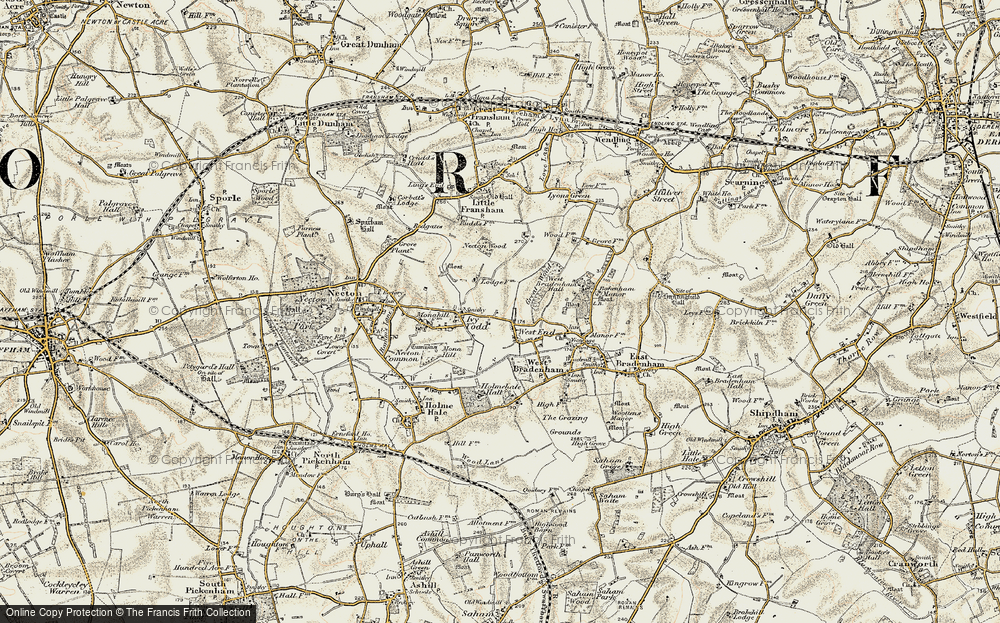 Old Map of Historic Map covering Holme Hale Hall in 1901-1902