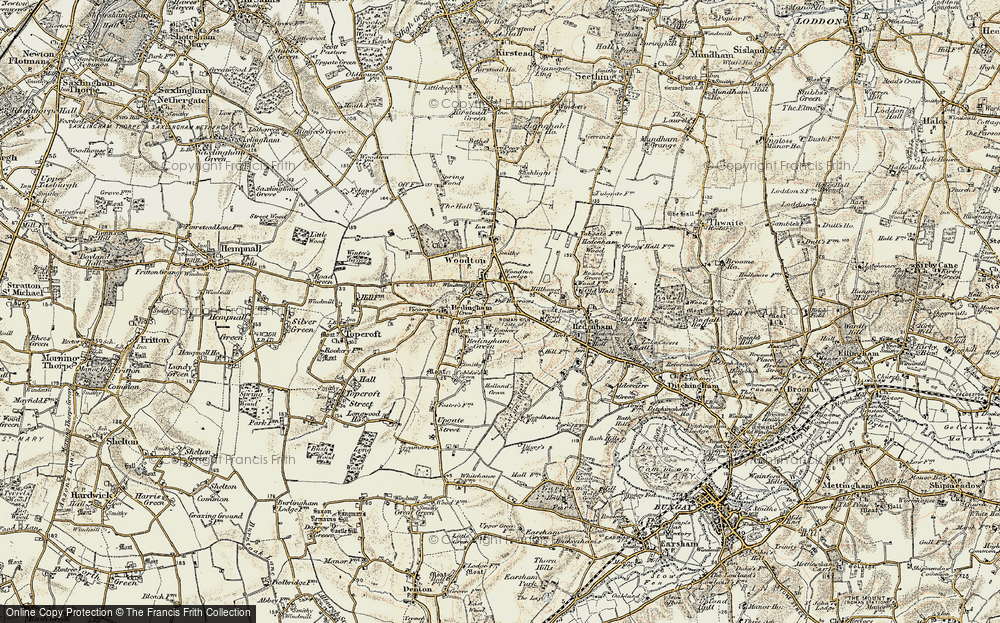 Old Map of Historic Map covering Woodton Lodge in 1901-1902