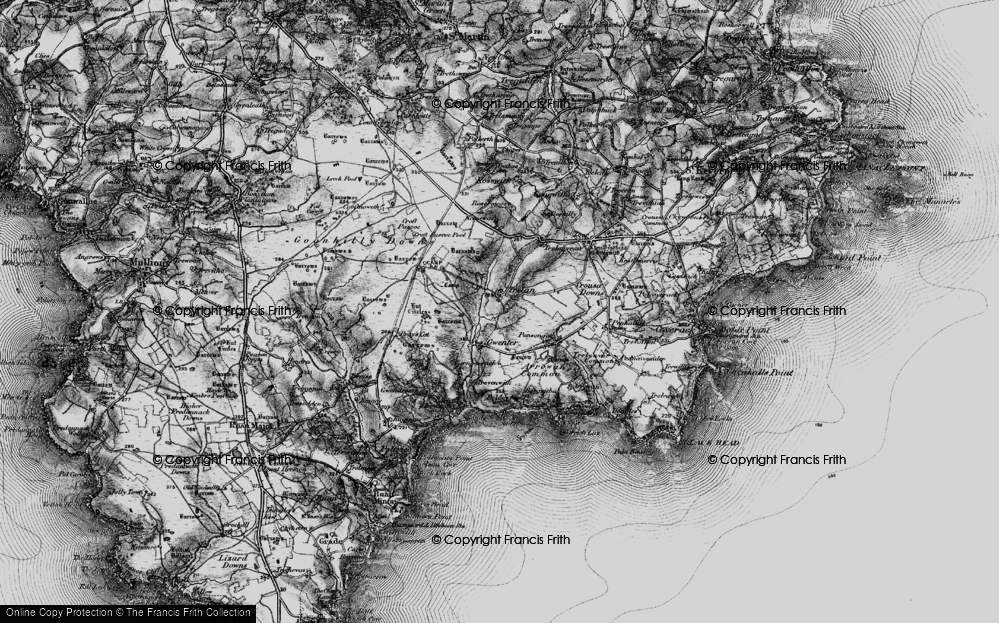 Old Map of Historic Map covering Goonhilly Downs in 1895